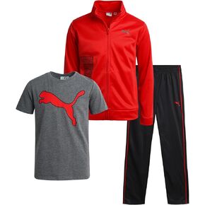 PUMA Boys' Pants Set - 3 Piece Athletic T-Shirt, Zip Up Jacket, Jogger Pants - Boys Activewear Tricot Jogset (4-16)
