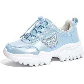 LUCKY STEP Kids Chunky Sneakers Fashion Platform Walking Tennis Shoe Sparkly Butterfly Faux Leather Elastic No-tie Laces School Shoes for Girls Boys