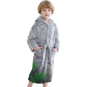 Glow in The Dark Kids Robes for Boys, Soft Fleece Hooded Toddler Boy Robe 3-14 Years, Boys Bathrobe