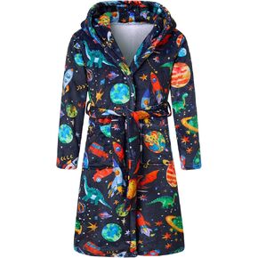 uideazone Boys Robes Kids Warm Fleece Hooded Bathrobe Soft Fuzzy Sleepwear 7-14 Years