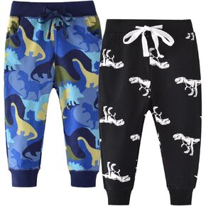 Boys Drawstring Elastic Pants Toddler Cotton Sweatpants Kid Dinosaur Active Jogger Pants with Pockets Multipack