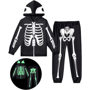 Lovekider Boys Girls Halloween Sweatsuit Skeleton Hoodie Pants Set Glow in The Dark Zipper Costume 5-12 Years
