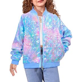 Girls Sequin Bomber Jacket Zip Up Coats Glitter Outerwear Jackets For Girl Kids Birthday Concert Varsity Jacket 4-9Y