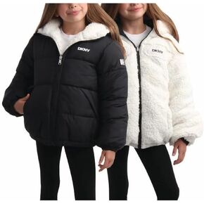 DKNY Girls' Reversible Puffer Jacket - Quilted Bubble to Sherpa Hooded Winter Coat - Warm Outerwear Jackets for Girls (7-16)