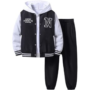 SweatyRocks Boy's 2 Piece Outfits Letter Printed Colorblock Bomber Jackets and Pants Set