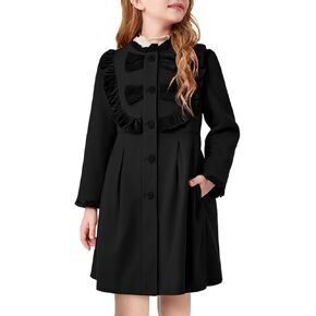 Haloumoning Girls Dress Coat Kids Ruffle Button Down Cute Bow Long Winter Jackets with Pockets 3-12 Years
