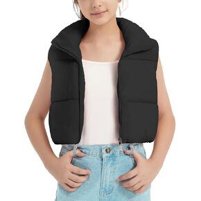 EXARUS Girls Cropped/Long Puffer Vest Sleeveless Water Repellent Stand Collar Lightweight Zip up Quilted Pockets 6-12Y