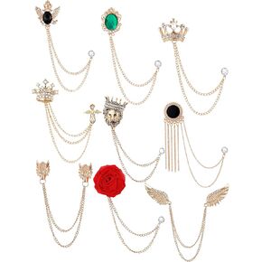 Tornito 9Pcs Tassel Chain Brooch Collar Pins Rose Flower Rhinestone Angel Wings Wolf Head Hanging Chains for Suit Lapel Tuxedo Shirts Tie Hat Scarf Brooch Pin Fashion Jewelry for Men's Accessories