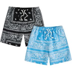 Floerns Boy's 2 Pcs Boho Paisley Print Drawstring Waist Summer Beach Shorts with Pockets
