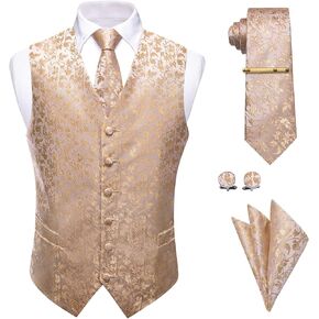 Suit Vest for Men Paisley Floral V Neck Waistcoat Jacquard Tie Pocket Square Set for Suit or Tuxedo Wedding Party