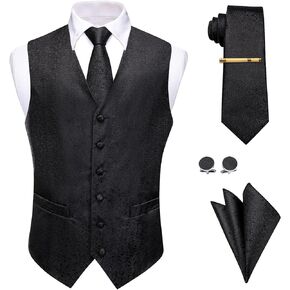 Suit Vest for Men Paisley Floral V Neck Waistcoat Jacquard Tie Pocket Square Set for Suit or Tuxedo Wedding Party
