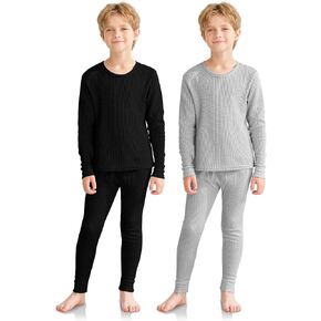 VZV 2 Set Thermal Underwear for Kids, Boys Thermal Set Long Sleeve Base Layer Waffle Thermals Top and Bottom Set
