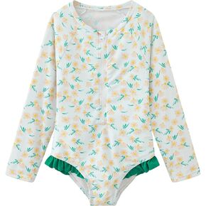 Girls Rash Guard Shirts Long Sleeve Swimsuits One Piece Ruffle Bathing Suit Sun Protection Swimwear with Zipper