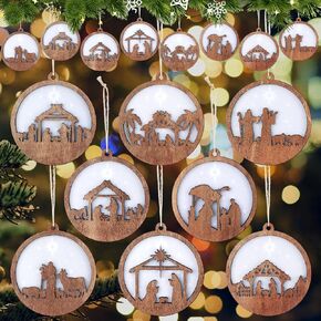 Bucherry 8 Pcs Christmas Nativity Scene Ornaments Wood Acrylic 3D Cut File Ornament Wooden Hanging Ornament Nativity Scene Keepsake for Xmas Tree, Birth of Jesus Decoration (Round)
