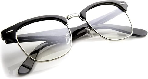 Vintage Inspired Classic Half Frame Horn Rimmed Clear Lens Glasses (Black-Silver) in Kuwait