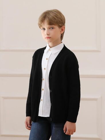 Haloumoning Boys Cable Knit Cardigans Kids V Neck Long Sleeve Button Down Sweater Coat Fall Winter Outfits 5-14 Years in Saudi Arabia
