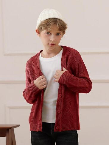 Haloumoning Boys Cable Knit Cardigans Kids V Neck Long Sleeve Button Down Sweater Coat Fall Winter Outfits 5-14 Years in Saudi Arabia