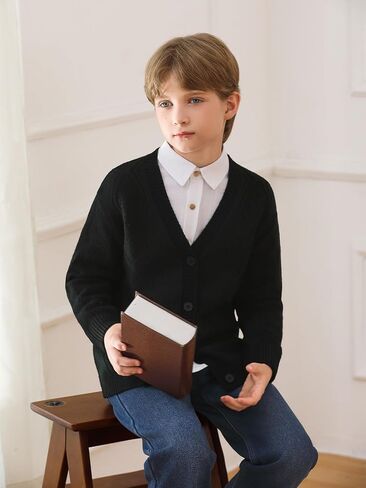 Haloumoning Boys Cable Knit Cardigans Kids V Neck Long Sleeve Button Down Sweater Coat Fall Winter Outfits 5-14 Years in Saudi Arabia