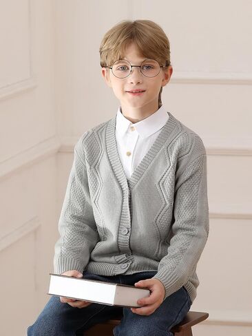 Haloumoning الأولاد كابل متماسكة بالأزرار الاطفال الخامس الرقبة طويلة الأكمام زر أسفل سترة معطف الخريف الشتاء وتتسابق 5-14 سنة in Kuwait