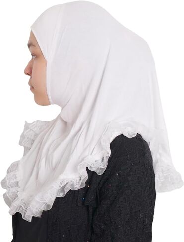 MuLanLegend Cotton Lace Hijab | Princess Nur Scarf Sarong | Girls Kids Instant Slip-on Scarf | Ligthweight and Comfortable in Kuwait