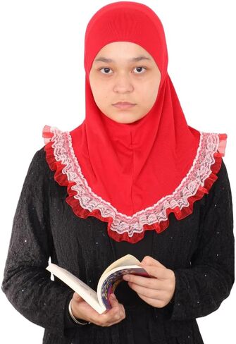 MuLanLegend Cotton Lace Hijab | Princess Nur Scarf Sarong | Girls Kids Instant Slip-on Scarf | Ligthweight and Comfortable in Kuwait