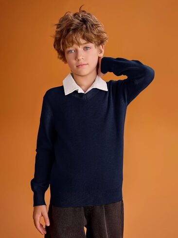 Haloumoning Boys School Uniform Sweater Kids Long Sleeve V Neck Pullover Fall Winter Clothes 5-14 Years in Saudi Arabia