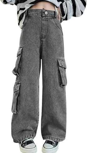AOWKULAE Girls Jeans Elastic Wasit Wide Leg Pants Kids Jeans 4-14 Years in Kuwait