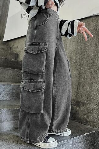 AOWKULAE Girls Jeans Elastic Wasit Wide Leg Pants Kids Jeans 4-14 Years in Kuwait