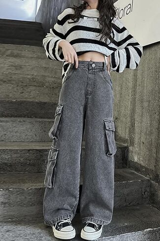 AOWKULAE Girls Jeans Elastic Wasit Wide Leg Pants Kids Jeans 4-14 Years in Kuwait