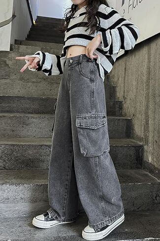 AOWKULAE Girls Jeans Elastic Wasit Wide Leg Pants Kids Jeans 4-14 Years in Kuwait