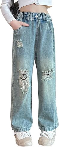 AOWKULAE Girls Jeans Elastic Wasit Wide Leg Pants Kids Jeans 4-14 Years in Kuwait