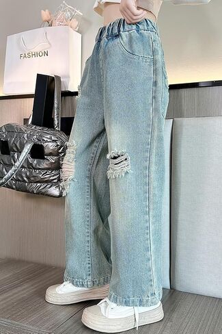 AOWKULAE Girls Jeans Elastic Wasit Wide Leg Pants Kids Jeans 4-14 Years in Kuwait