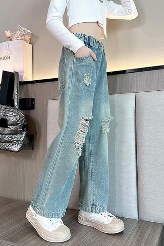 AOWKULAE Girls Jeans Elastic Wasit Wide Leg Pants Kids Jeans 4-14 Years in Kuwait