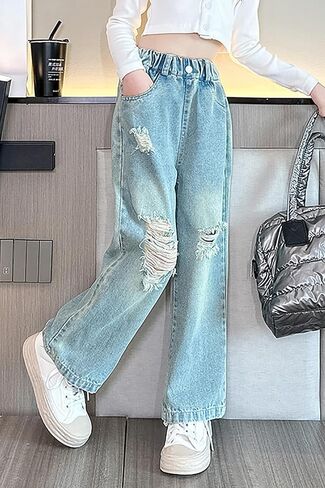 AOWKULAE Girls Jeans Elastic Wasit Wide Leg Pants Kids Jeans 4-14 Years in Kuwait