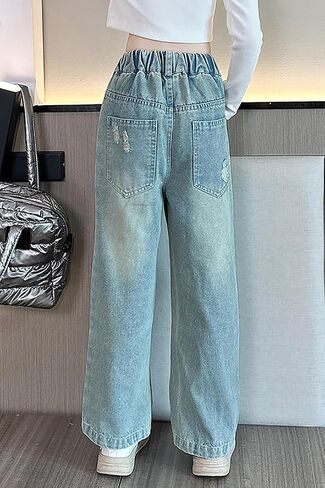 AOWKULAE Girls Jeans Elastic Wasit Wide Leg Pants Kids Jeans 4-14 Years in Kuwait