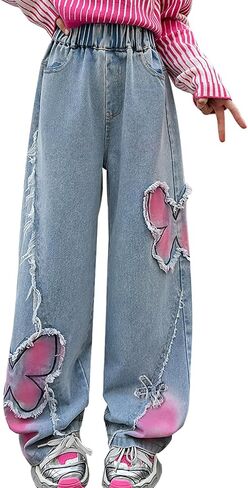 AOWKULAE Girls Jeans Elastic Wasit Wide Leg Pants Kids Jeans 4-14 Years in Kuwait