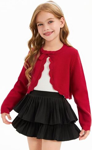 Haloumoning Girls Cropped Cardigan Kids Cute Bow Long Sleeve Knit Shrug Bolero Dress Sweater Shawl 5-14 Years in Saudi Arabia