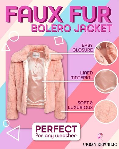 سترة بوليرو للفتيات من URBAN REPUBLIC - سترة بوليرو قصيرة أنيقة من الفرو الصناعي - سترات ملابس خارجية عصرية للفتيات (7-14) in Kuwait