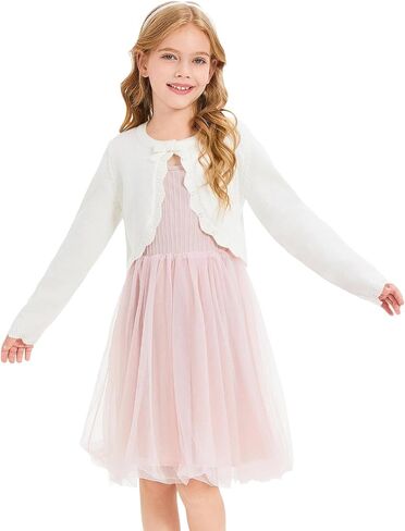 Haloumoning Girls Cropped Cardigan Kids Cute Bow Long Sleeve Knit Shrug Bolero Dress Sweater Shawl 5-14 Years in Saudi Arabia