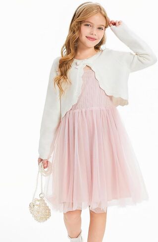 Haloumoning Girls Cropped Cardigan Kids Cute Bow Long Sleeve Knit Shrug Bolero Dress Sweater Shawl 5-14 Years in Saudi Arabia