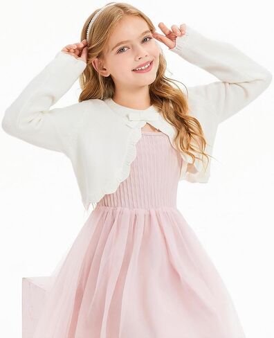 Haloumoning Girls Cropped Cardigan Kids Cute Bow Long Sleeve Knit Shrug Bolero Dress Sweater Shawl 5-14 Years in Saudi Arabia