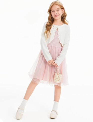 Haloumoning Girls Cropped Cardigan Kids Cute Bow Long Sleeve Knit Shrug Bolero Dress Sweater Shawl 5-14 Years in Saudi Arabia