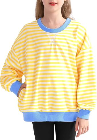 Girls Oversized Sweatshirt Striped Color Block Crewneck with Pockets Pullover Tops Long Sleeve Shirts 7-14 Years in Kuwait