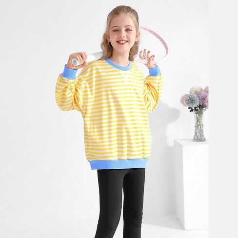 Girls Oversized Sweatshirt Striped Color Block Crewneck with Pockets Pullover Tops Long Sleeve Shirts 7-14 Years in Kuwait