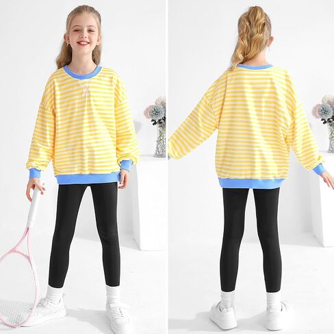 Girls Oversized Sweatshirt Striped Color Block Crewneck with Pockets Pullover Tops Long Sleeve Shirts 7-14 Years in Kuwait