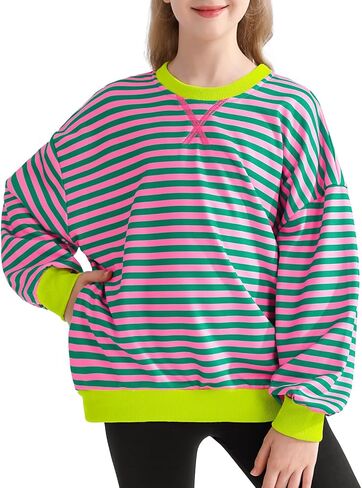 Girls Oversized Sweatshirt Striped Color Block Crewneck with Pockets Pullover Tops Long Sleeve Shirts 7-14 Years in Kuwait