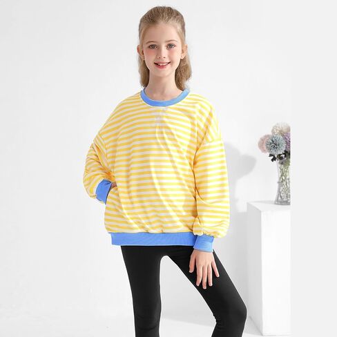 Girls Oversized Sweatshirt Striped Color Block Crewneck with Pockets Pullover Tops Long Sleeve Shirts 7-14 Years in Kuwait