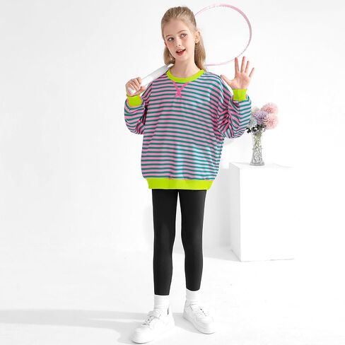 Girls Oversized Sweatshirt Striped Color Block Crewneck with Pockets Pullover Tops Long Sleeve Shirts 7-14 Years in Kuwait
