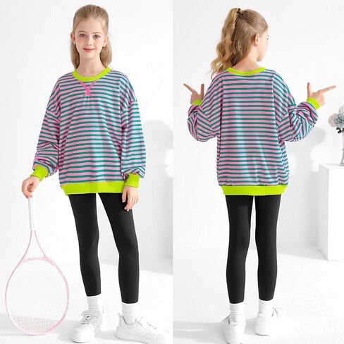 Girls Oversized Sweatshirt Striped Color Block Crewneck with Pockets Pullover Tops Long Sleeve Shirts 7-14 Years in Kuwait