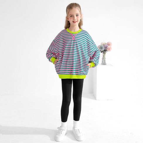 Girls Oversized Sweatshirt Striped Color Block Crewneck with Pockets Pullover Tops Long Sleeve Shirts 7-14 Years in Kuwait